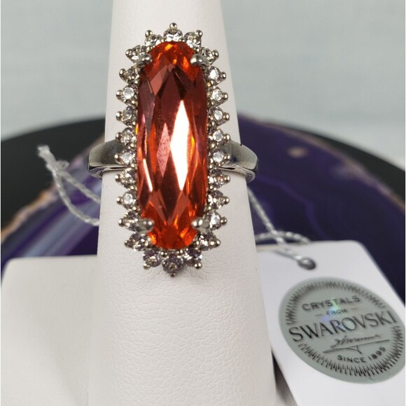 D'Joy Orange Oblong Tourmaline Swarovski Crystal 925 Ring Size 7 - Picture 1 of 16